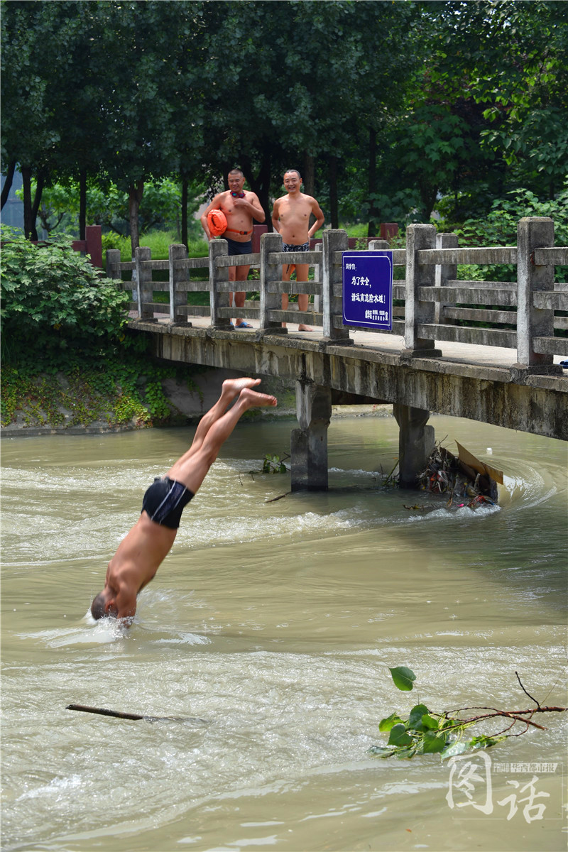 夏日天气热 成都东风渠上演花式跳水