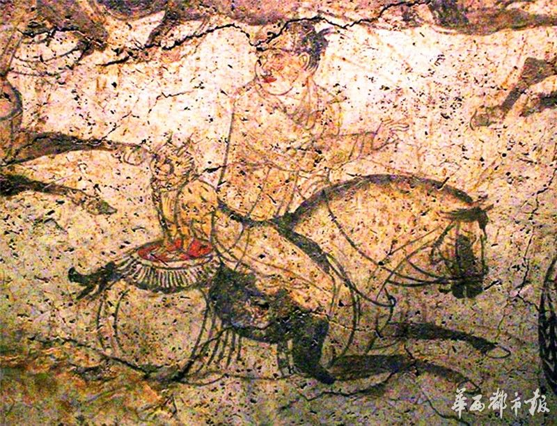 唐懿德太子墓位于陕西乾县,东壁之狩猎图细部,马驮之驯养的猞猁